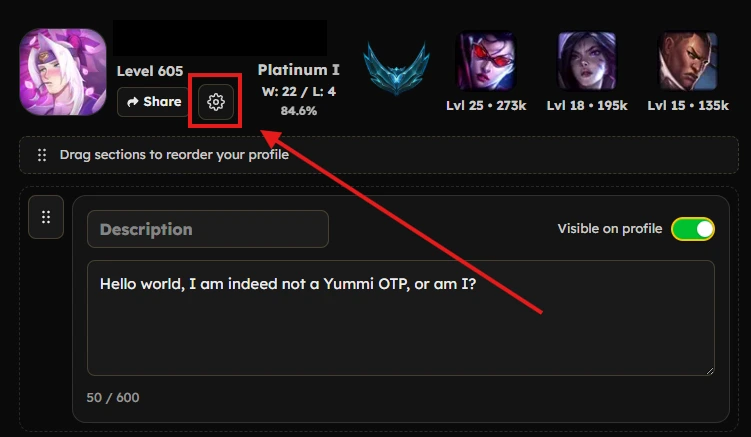 Profile settings and edit options