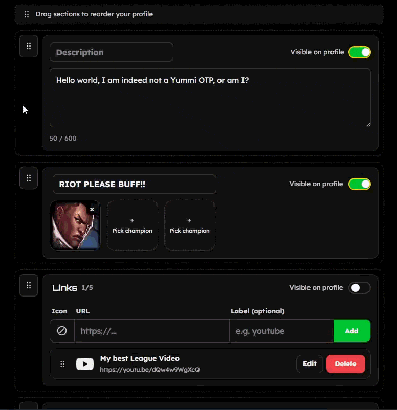 Reordering profile sections drag icon